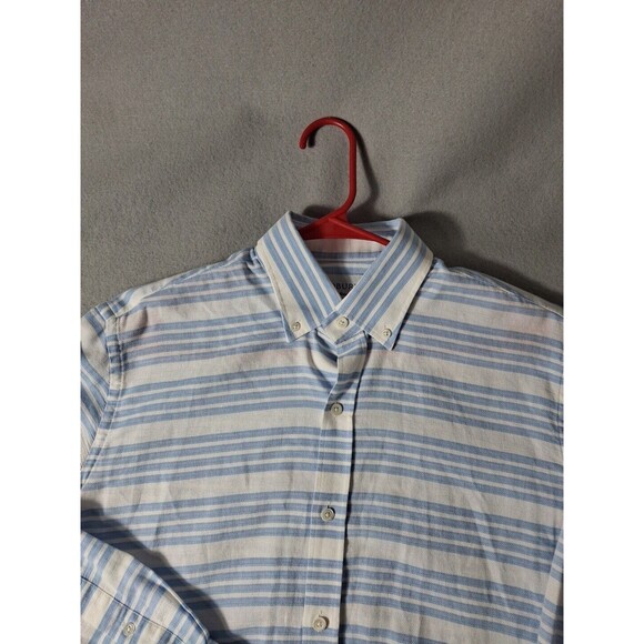 LEDBURY Tailored Fit Mens L Dress Shirt Blue White Stripped Button-Down  Oxford - Picture 3 of 7